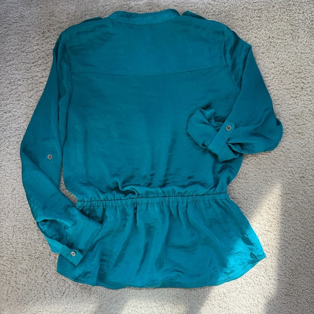 Michael Kors Blue-Green Teal Button Up Utility Shirt Top | Vintage Sheer Blouse - Picture 8 of 13